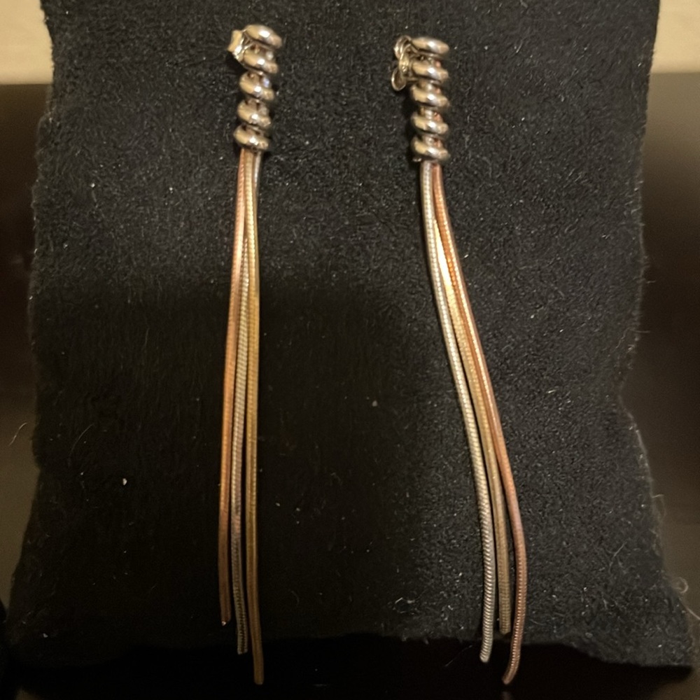 Tri-tone sterling silver liquid metal linear earrings
